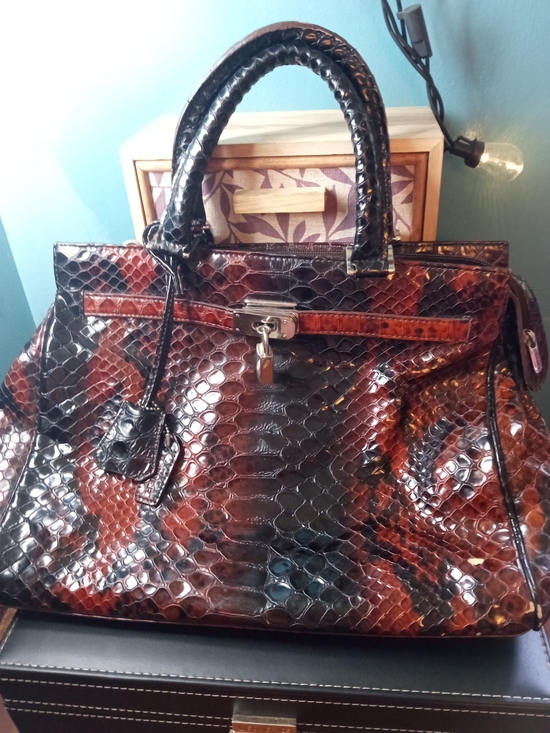 Danier Handbags - Danier Brown and Black Faux Snakeskin Satchel